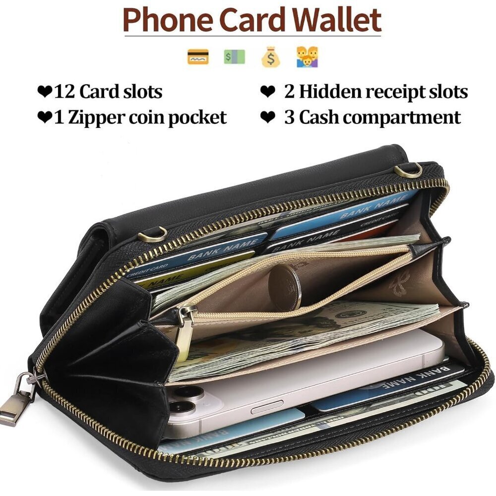 Women Z01 Black Phone Purse Crossbody Bags for Small Travel Wallet Touch Screen - Picture 2 of 6